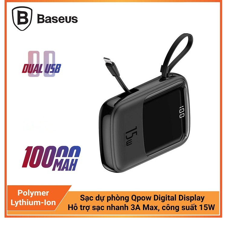 PIN SẠC DỰ PHÒNG BASEUS QPOW DIGITAL DISPLAY 3A 10.000MAH KÈM CÁP IPHONE CHÍNH HÃNG [NEW 100%]