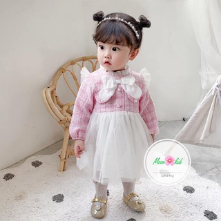 Váy dạ nắp túi nơ trắng cho bé gái