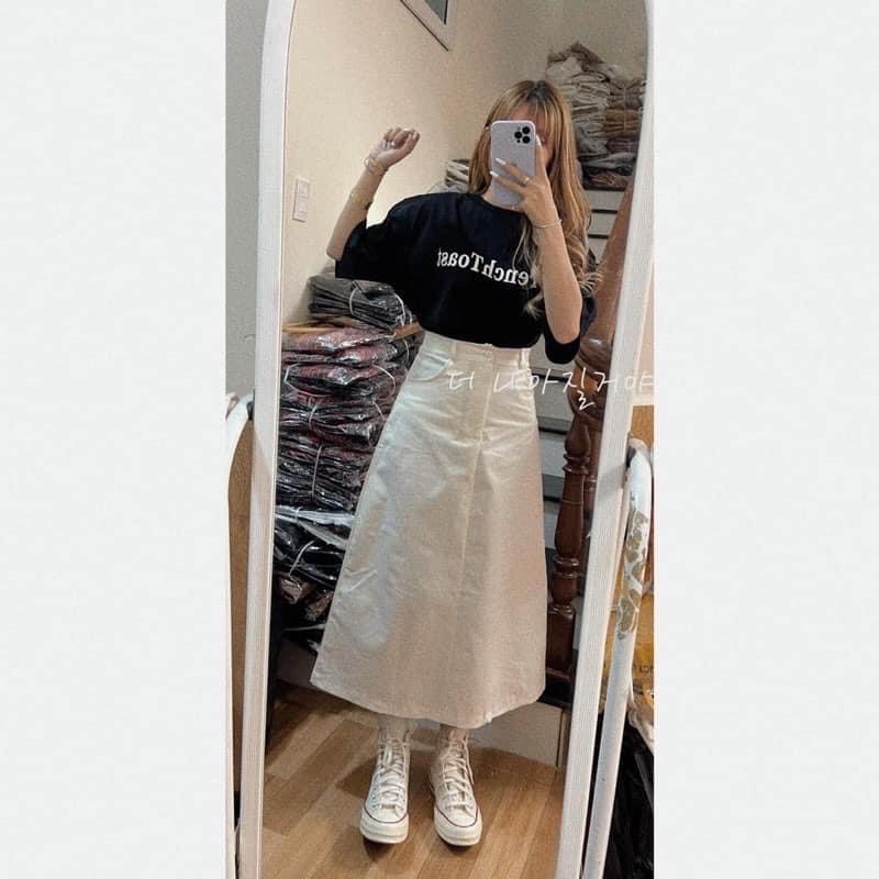 Set bộ nữ áo phông cộc tay FRENCH phối chân váy kaki chữ A dáng dài/ Chân váy suông kèm áo thun tay lỡ dáng rộng unisex | BigBuy360 - bigbuy360.vn