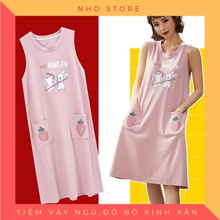 [ VIDEO + ẢNH THẬT ] Váy Ngủ Cute, Váy Sát Nách Bunny Hồng Chất Liệu Thun Cotton Mát Nhẹ [ VN12 ]