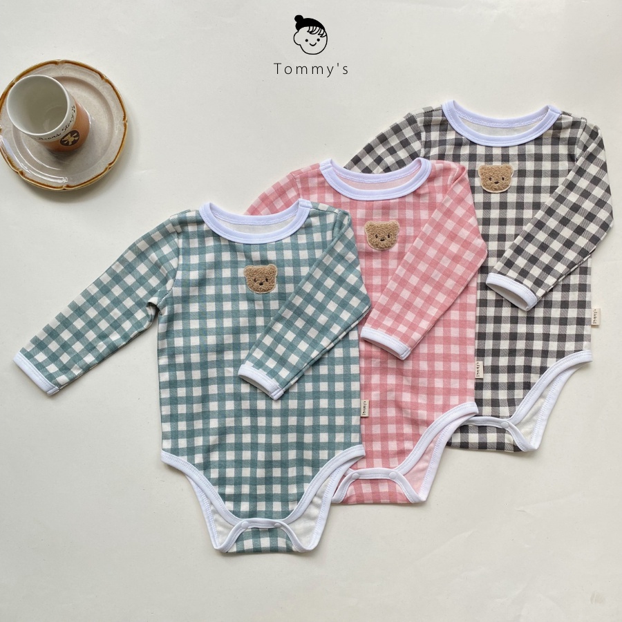 Set body chip tay dài kèm mũ tai gấu cho bé trai bé gái 0-2 tuổi hoạ tiết caro gấu thêu TOMMY HOUSE