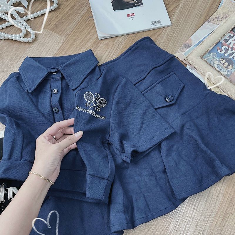 Bộ Áo Polo Chân Váy Tenis Nữ Xanh 🦋 Set Áo Polo Thêu Hình Cộc Tay Kèm Chân Váy Ngắn Xòe 🦋