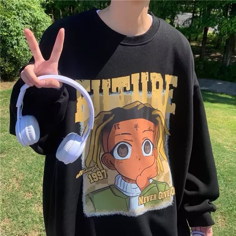 Áo Sweater Tay Dài Cổ Tròn Dáng Rộng In Họa Tiết Hoạt Hình Phong Cách Hip hop Thời Trang Cho Nam Giới Size M-5XL