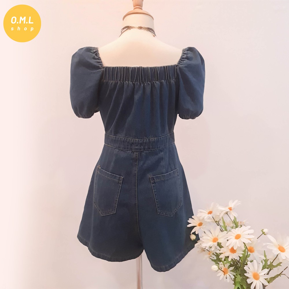 Jumpsuit denim ngắn cổ vuông dây kéo trẻ trung