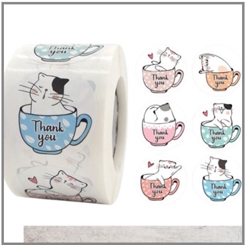 01 Cuộn 500 sticker nhãn dán cám ơn khách hàng chữ "Thanh you" hình mèo đáng yêu TK_W19