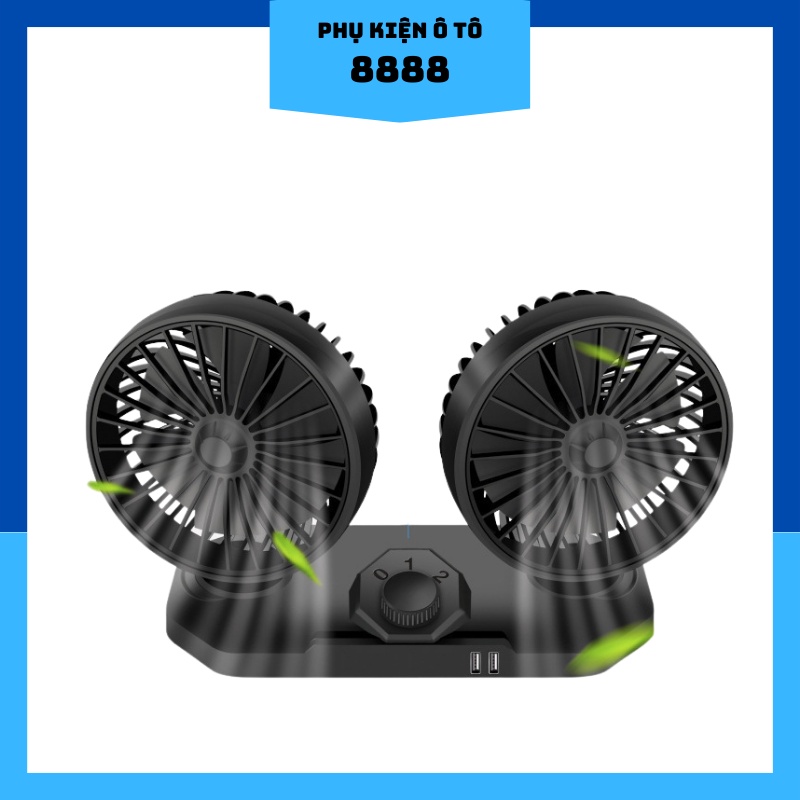 Quạt Đôi Mini 8888 Đa Năng Có 2 Đầu , Nguồn 12V/24V, ra 2 cổng USB, Xoay 360 Độ, Công Suất Lớn Cho Ô Tô/ Xe Tải