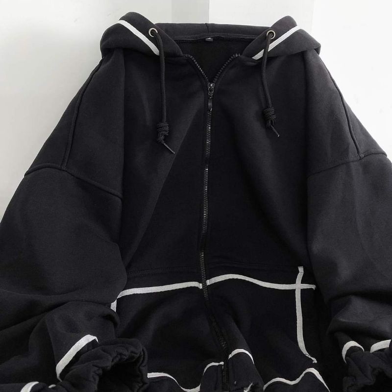 [Ảnh Thật] Áo Khoác Hoddie Tay Phồng Phối Viền Trắng Phông Unisex Nam Nữ 38-63kg
