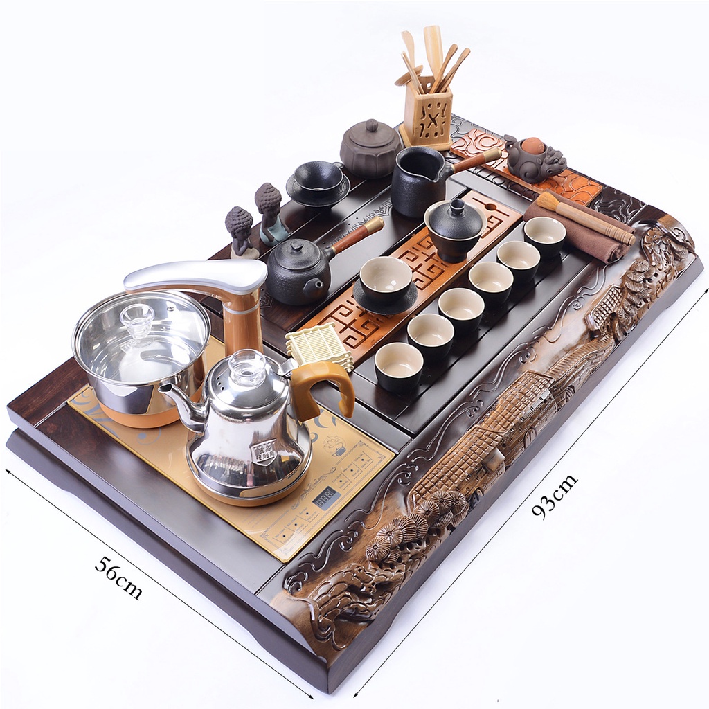 Bộ bàn trà tự động thông minh từ gỗ nguyên khối được chạm khắc tỉ mỉ tự động hút và đun nước tặng kèm bộ ấm chén cao cấp