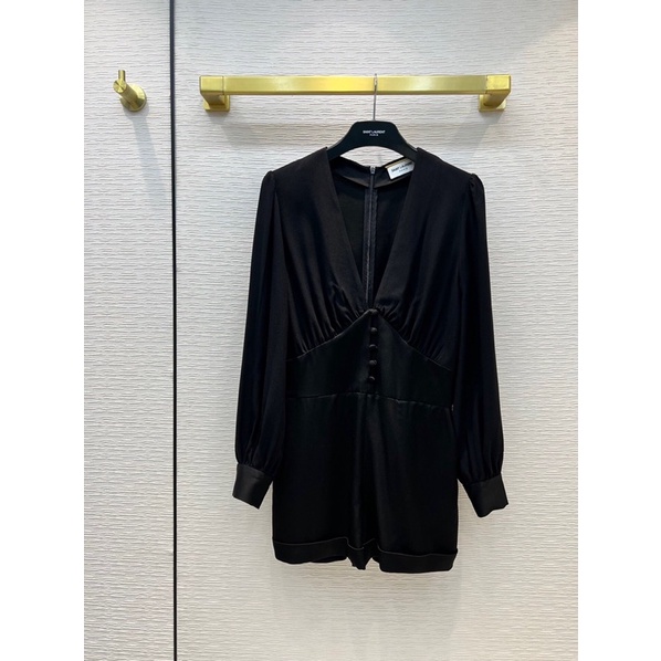 Áo liền quần thiết kế cổ chữ V sâu gợi cảm thương hiệu Saint Laurent YSL cao cấp mẫu mới 2022