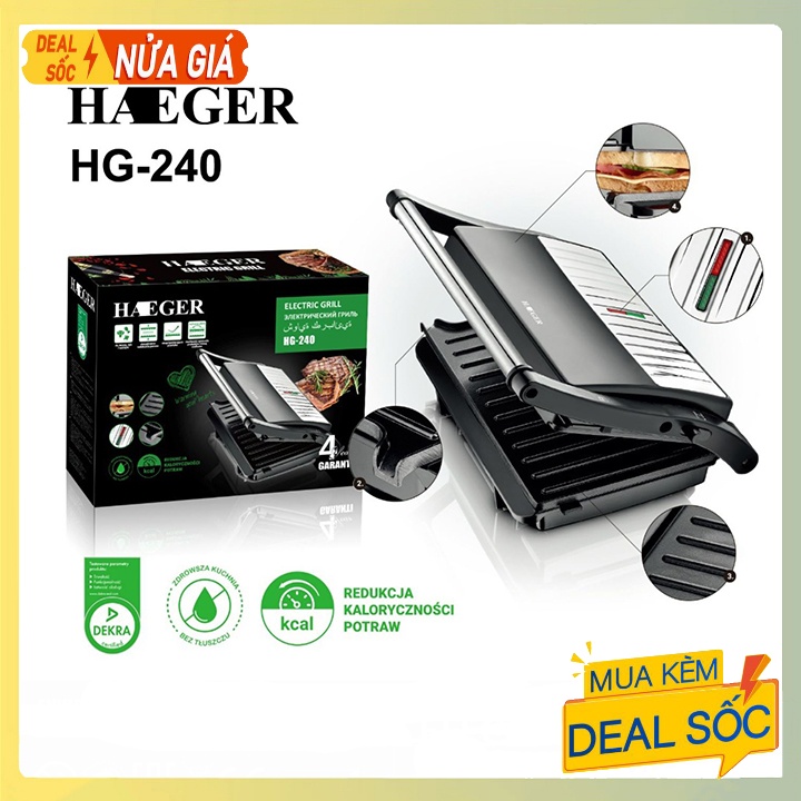 Máy Nướng Bánh Mì, Máy Kẹp Nướng Thịt Đa Năng HAEGER 1000W