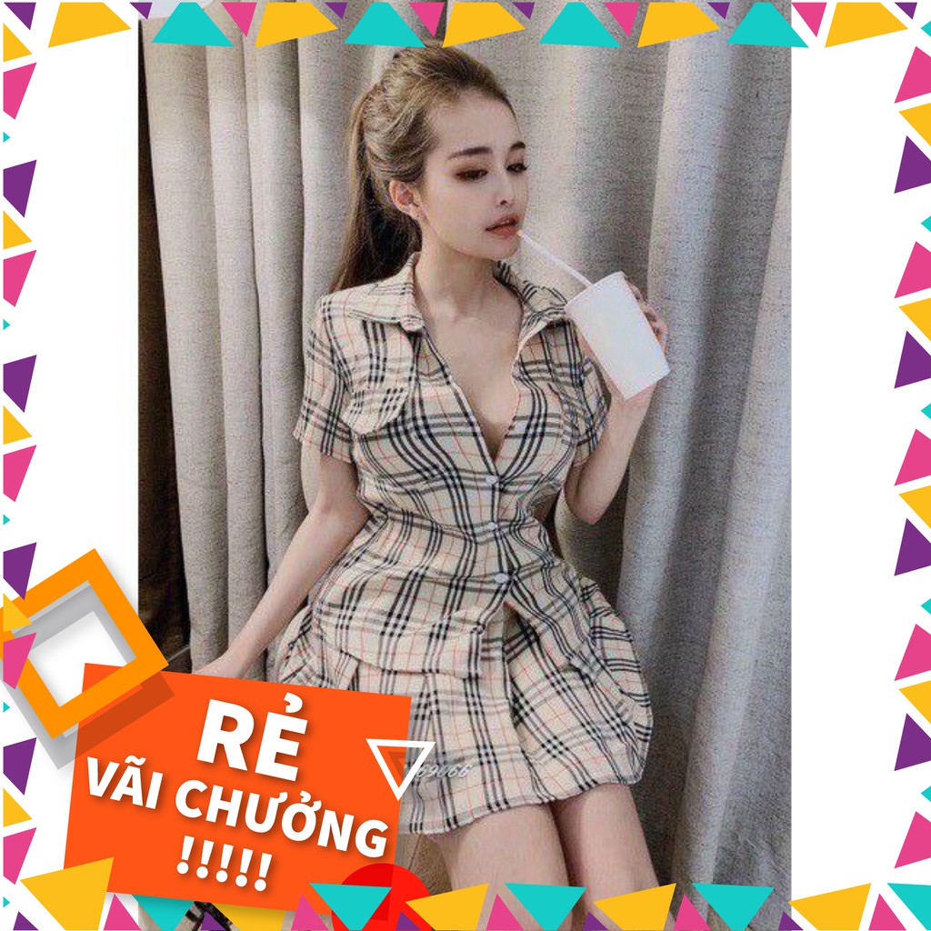 Sale 16S35B1 Set bộ caro áo sơ mi và chân váy xếp ly to BiBi sang trọng Sale