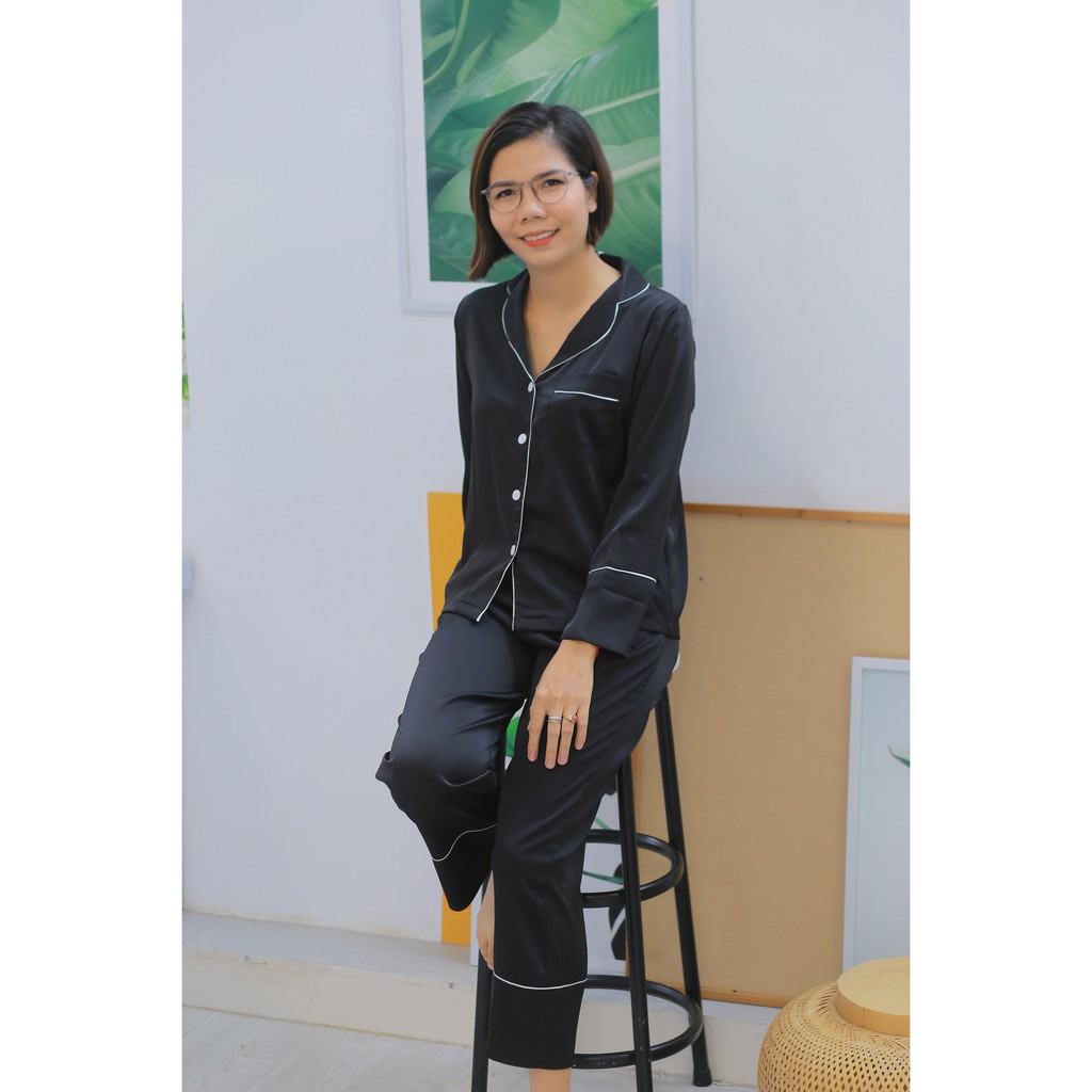 Bộ Pijama lụa cao cấp quần dài tay dài-Màu đen