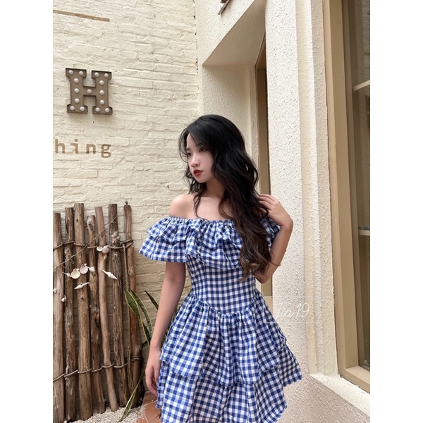 Váy kẻ caro xanh trễ vai Tia19. Đầm rớt vai ulzzang dáng xoè