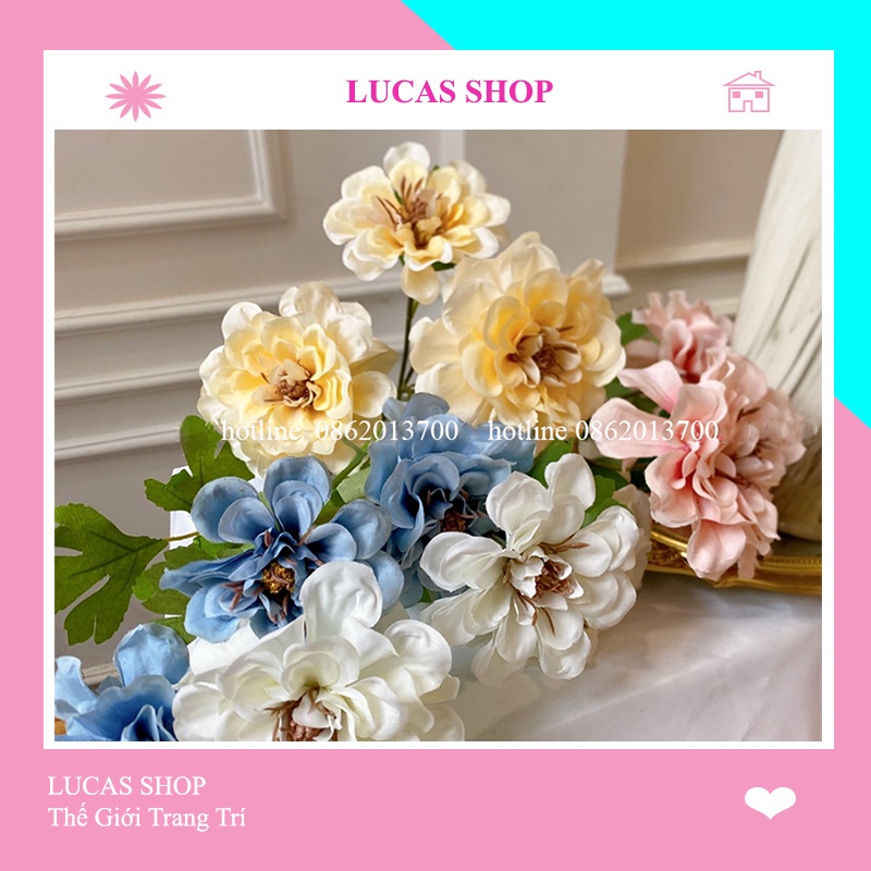 Hoa Giả- Hoa Cúc Thược Dược 65cm Cành 3 Bông Cao Cấp, Decor Nhà Cửa, Studio...