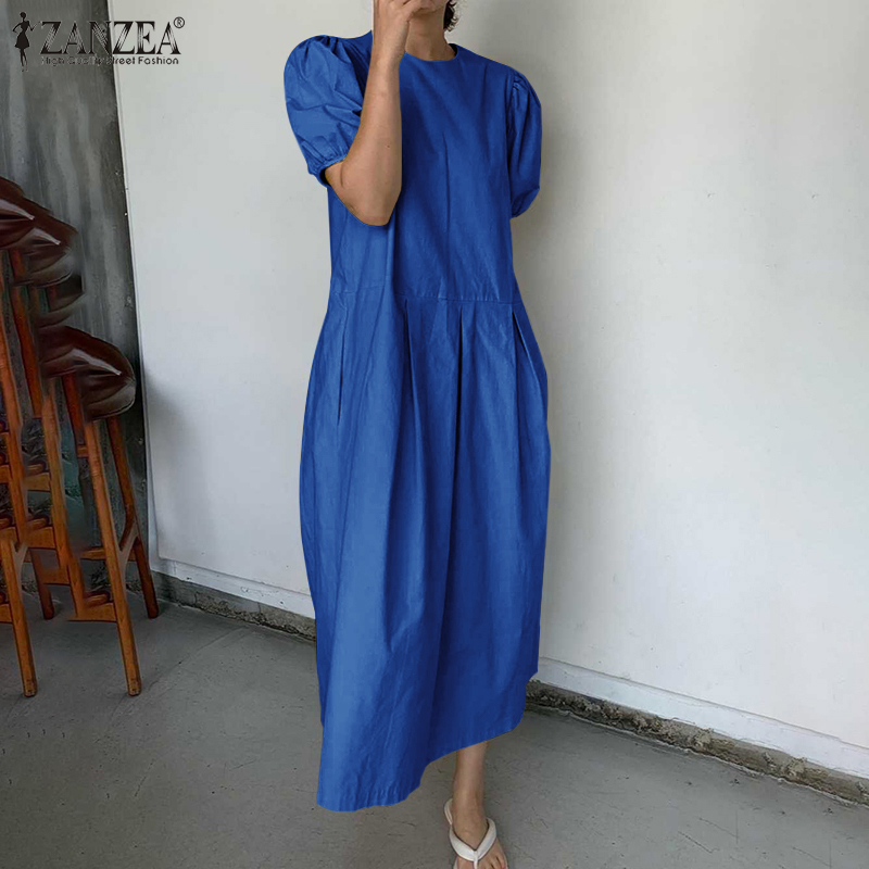 ZANZEA Women Puff Sleeve Side Zipper Pleated Loose Casual Long Dress | BigBuy360 - bigbuy360.vn