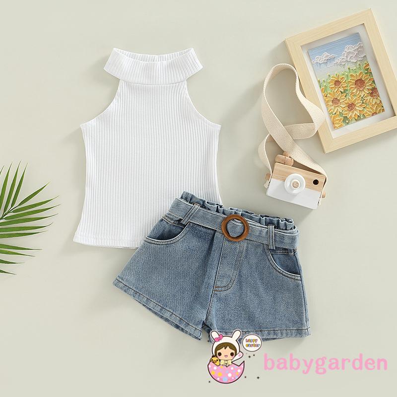 Bộ Áo Sát Nách Cổ Cao + Quần Short Denim Lưng Cao Kèm Thắt Lưng Thời Trang Mùa Hè Cho Bé Gái 1-6 Tuổi