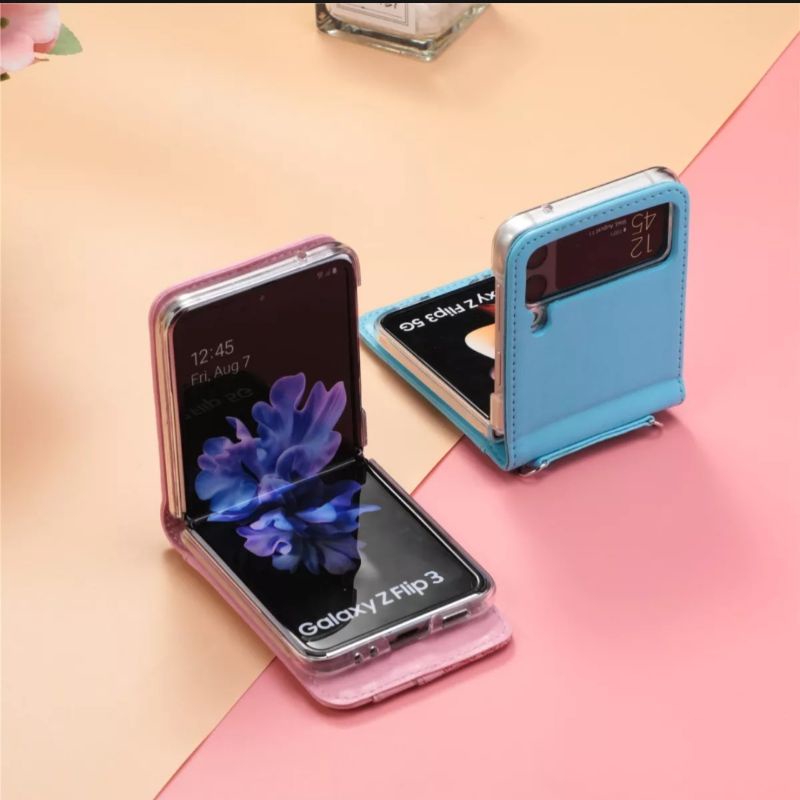 Ốp Samsung Z Flip 3 - ZFlip3 - Z Flip3 - Flip3 5G da hồng vintage có ngăn đựng thẻ kèm dây đeo dài dễ thương