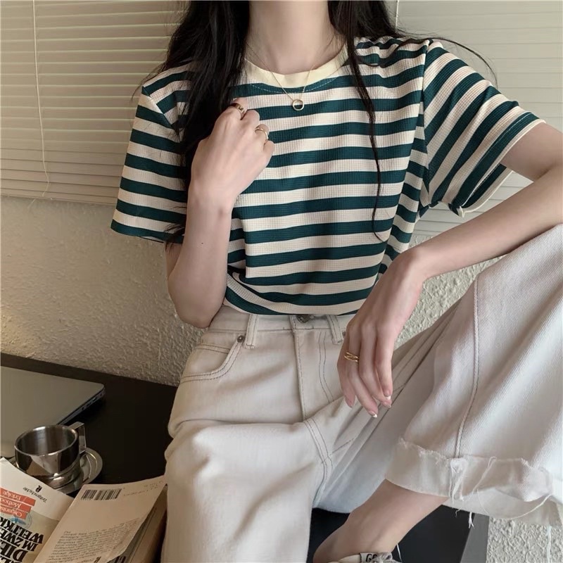 [Ảnh thật/Video]Áo phông kẻ KangChu form rộng mongtogi Hàng Quảng Châu Áo mongtogi chất đẹp mềm mịn