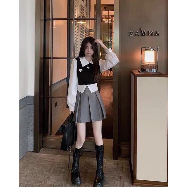 SET SƠ MI PHỐI GILE CHÂN VÁY XẾP LY