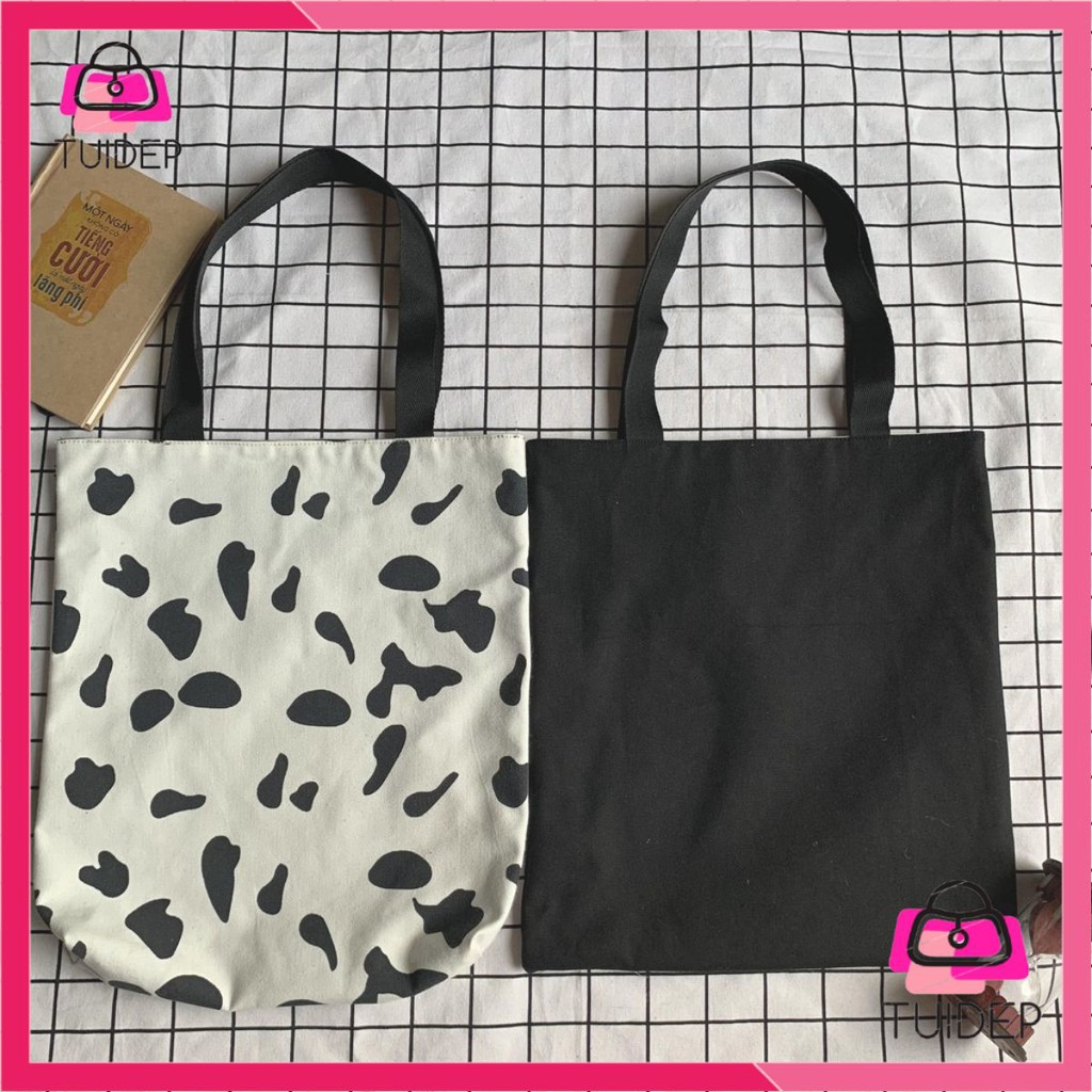 Túi vải tote canvas bò sữa 2 mặt đeo được 2 kiểu phong cách Hàn Quốc siêu hot 2021