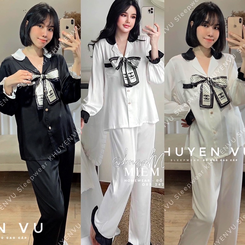 Đồ bộ pijama mặc nhà LỤA LATIN trơn tay dài TIỂU THƯ phối bèo hot trend kèm nơ cho bạn nữ sang trọng và tinh tế