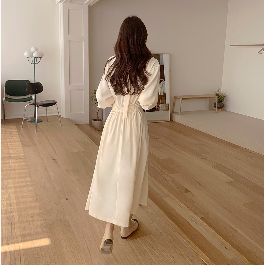 Đầm Nữ Tay Dài Cổ Chữ V Màu Trơn Phong Cách Hàn Quốc 42298