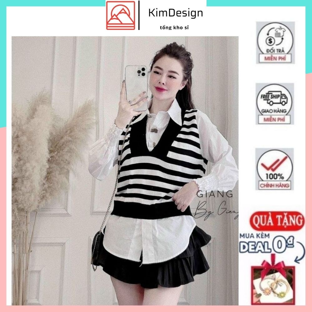 Áo sơ mi phối màu cổ cúc hoa tay bo chun đẹp form rộng cao cấp phong cách công sở quan trọng KIMDESIGN QATE A003
