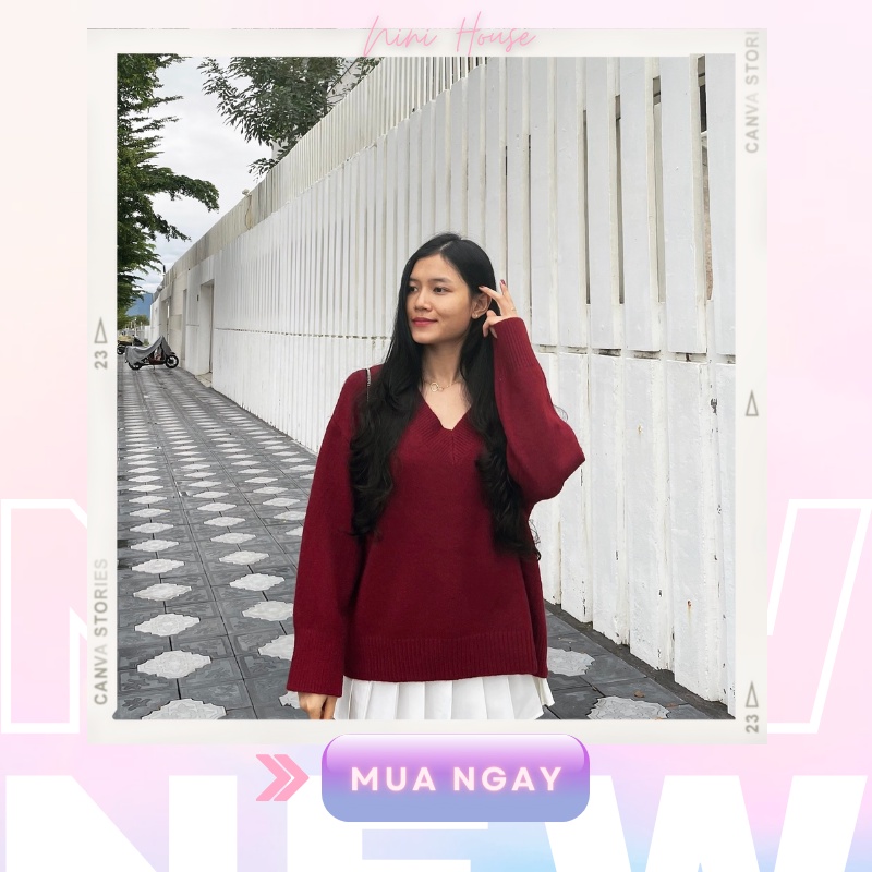 Áo len trơn cổ tim chữ v form rộng