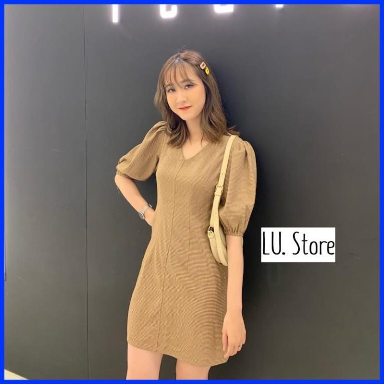 Đầm kẻ Nâu Dáng A ,tay Bồng Basic Hàng Thiết Kế Cao Cấp made by TeamLU 2021 [ẢNH THẬT]