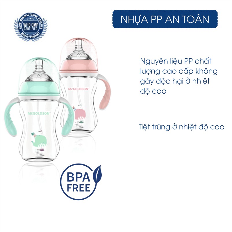 [Nhập SPE2545 hoàn 10K xu cho đơn 50K] Bình Sữa PP Cổ Rộng McGOLDSON PP (240ml) Có Ống Dẫn Sữa Chống Sặc Cho Bé
