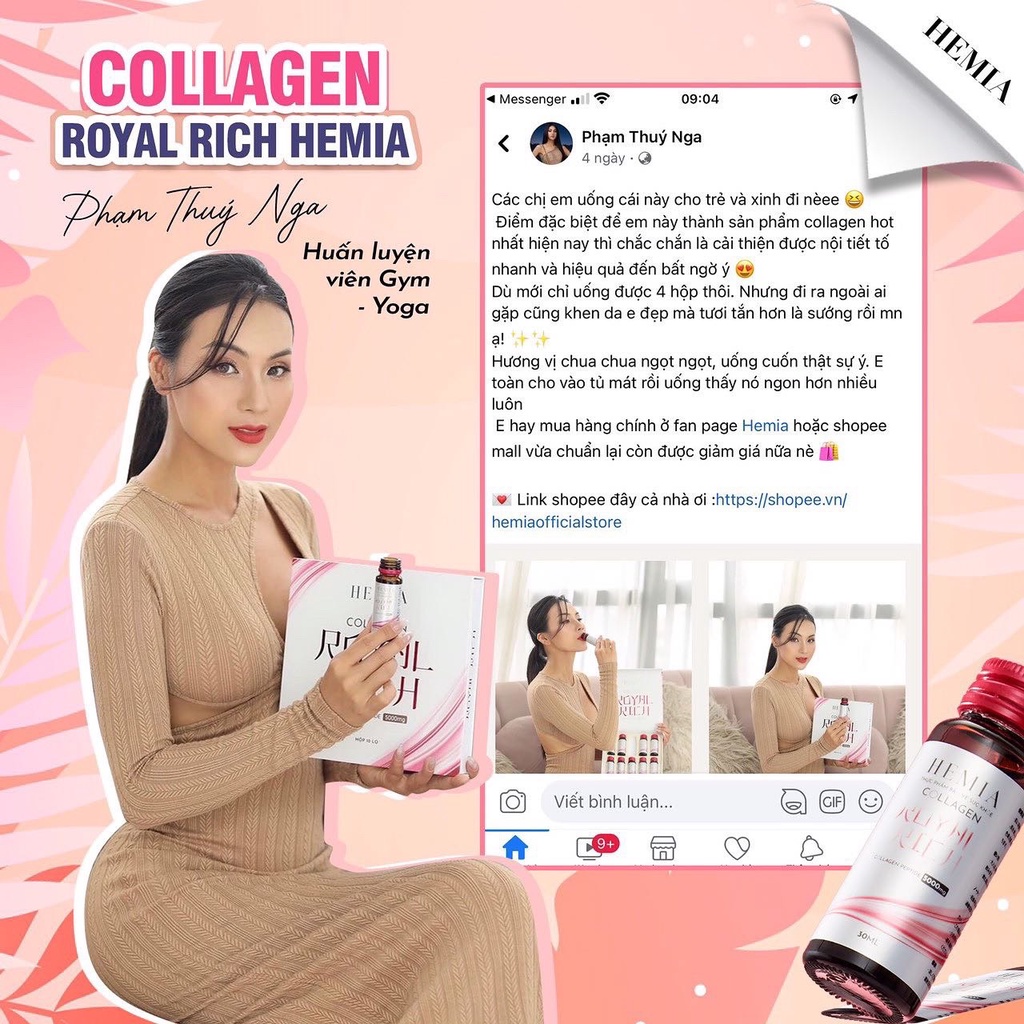 Collagen nước Hemia nước uống trắng da tăng cường nội tiết tố nữ trẻ hoá da hộp 10 lọ 30ml