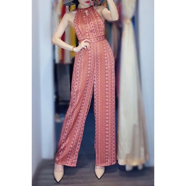 🦩🦩[Ảnh thật trải sàn] Jumpsuit dài thổ cẩm cổ yếm dây nơ eo