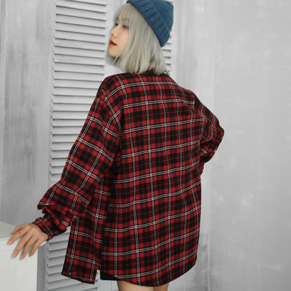 Áo Sơ Mi Flannel Sọc Đỏ Đen Chất Liệu Cotton Thoáng Mát