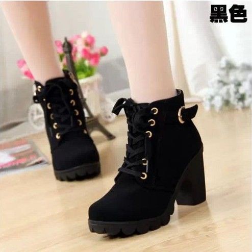 Giày boots Martin cao gót cổ ngắn cột dây chất liệu cotton