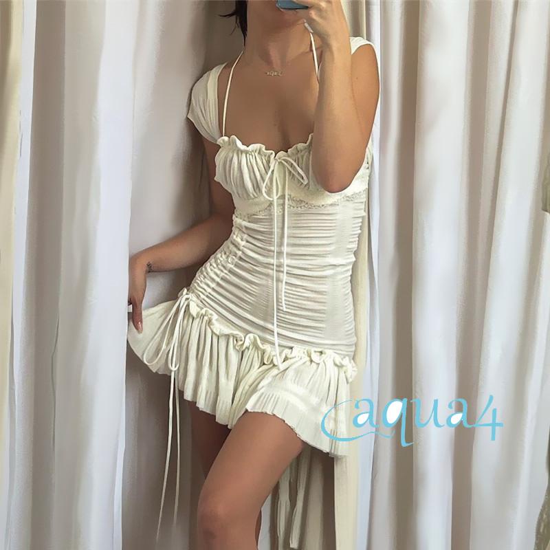 Đầm Ngắn Tay Ngắn Ôm Dáng Phối Dây Rút Màu Trắng Thời Trang Mùa Hè Cho Nữ