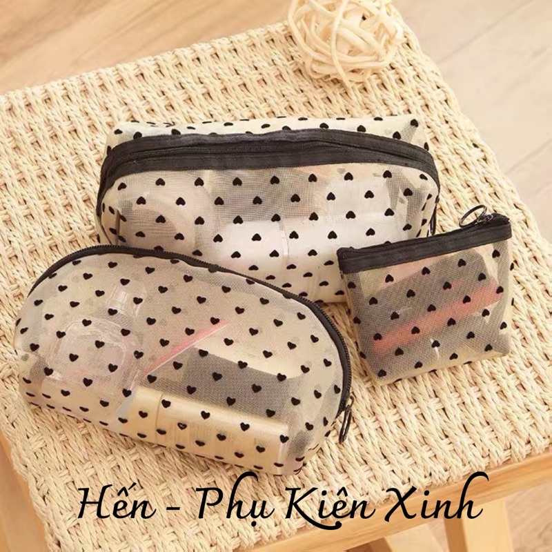 Túi lưới đựng mĩ phẩm cầm tay hình trái tim túi đựng bút học tập