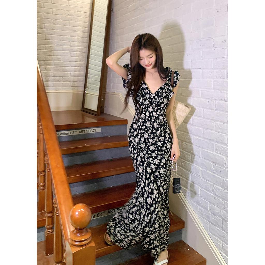 Đầm Dài Diềm Xếp Nếp In Họa Tiết Hoa Hồng &amp; Đảo Hoa Phong Cách Xuân Hè 6404