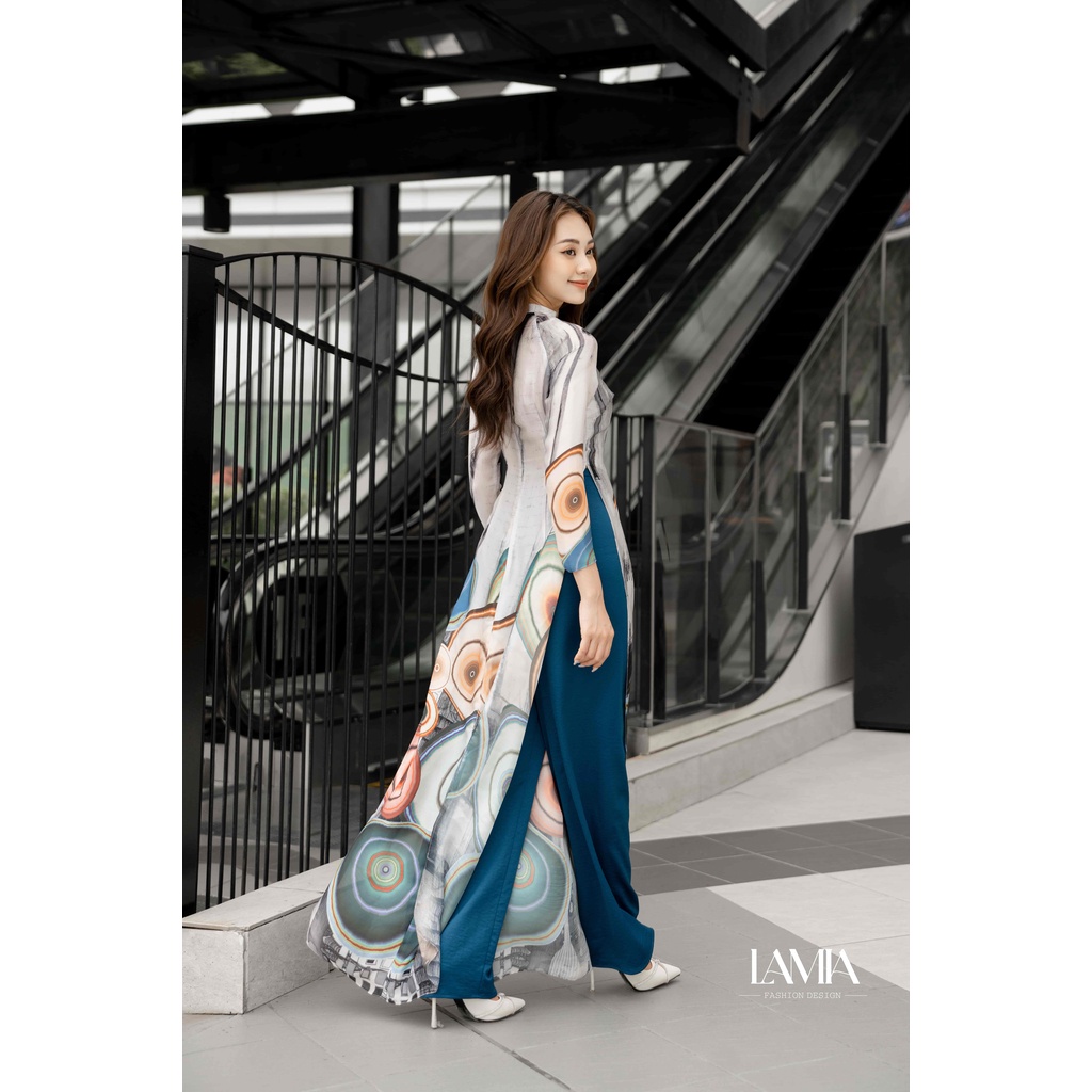 Áo dài tơ óng phối lụa Lamia Design AD050 in họa tiết hình khối