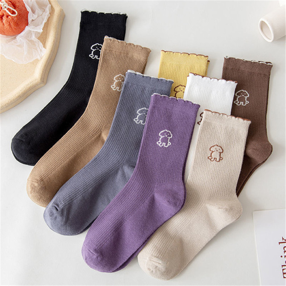 Vớ cotton màu trơn họa tiết chú cún dễ thương cho bạn nữ