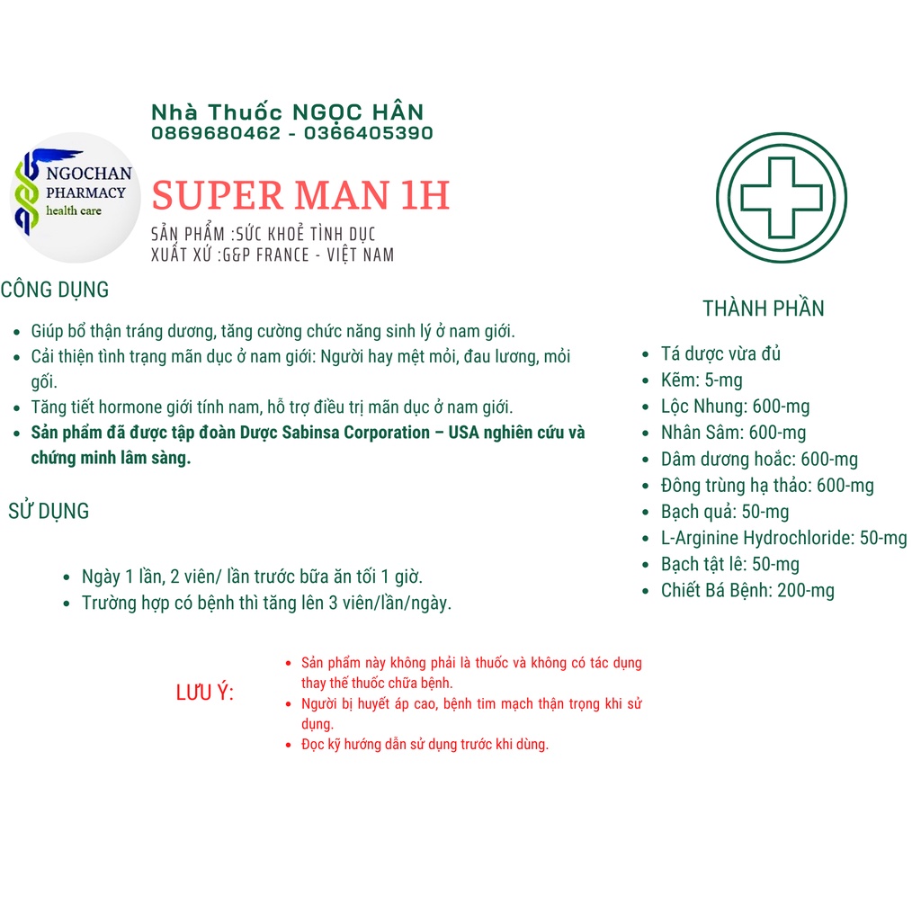 Super-Man G&P France – Giúp bổ thận tráng dương, tăng cường sinh lý, tăng hormone nam.