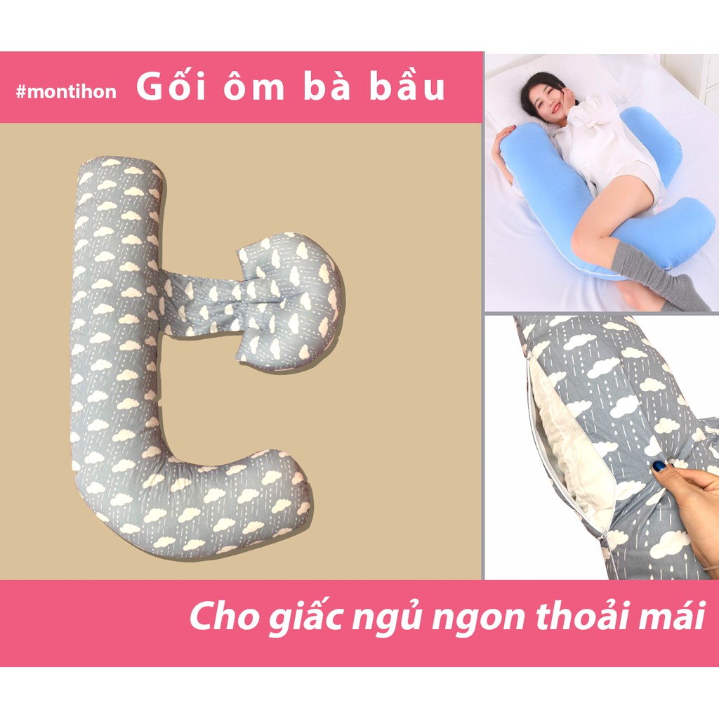 Gối Bầu hình chữ F 2 trong 1 Montihon - Giảm đau lưng, đỡ bụng, Vỏ tháo rời được - Cho mẹ bầu một giấc ngủ ngon