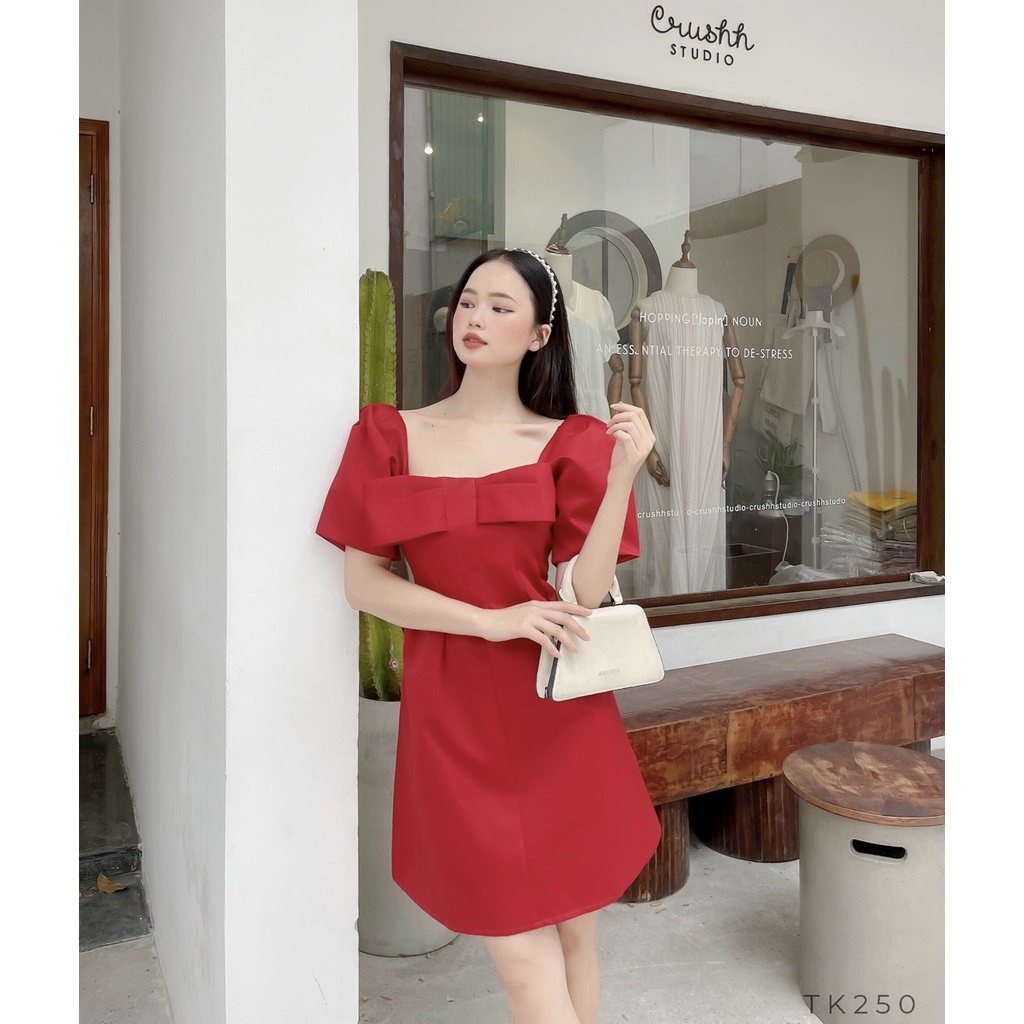 Đầm nữ dữ tiệc tay bồng nơ ngực thanh lịch - Váy xòe phối nơ 3M - Đầm nơ thiết kế