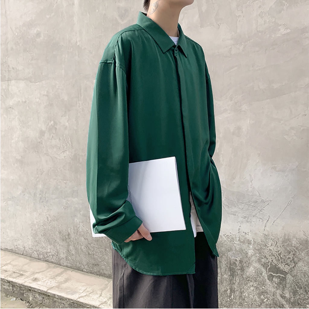 Áo sơ mi nam nữ dài tay giấu khuy xanh lá đậm unisex form rộng UNIKA FASHION ASM41
