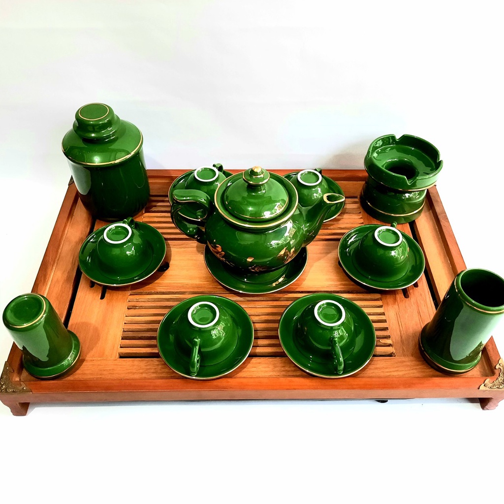 Bộ ấm chén Bát Tràng phú quý PLT men xanh lục ngọc bảo họa tiết vẽ vàng 24k