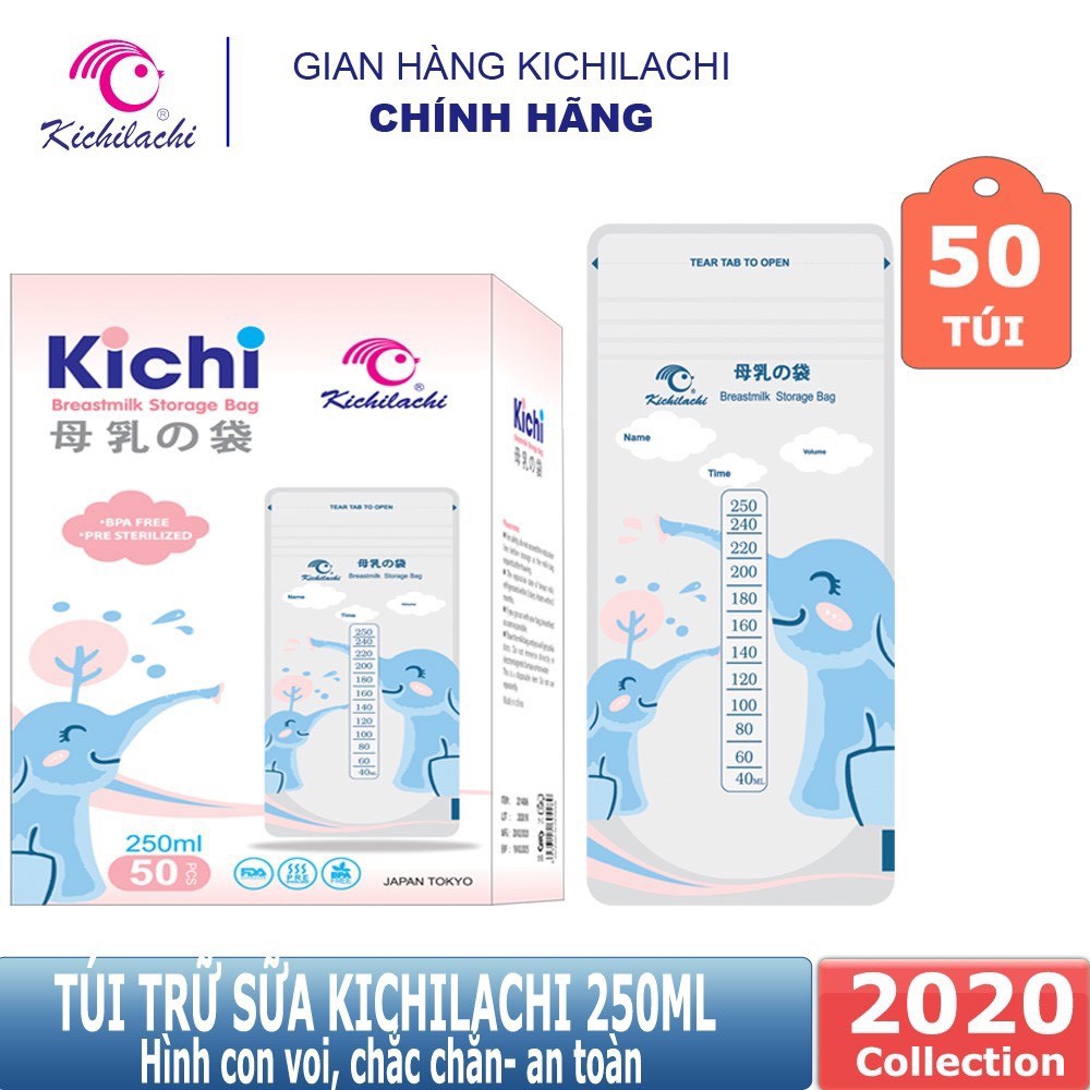 Hộp 50 chiếc Túi trữ sữa Kichilachi 250ml (in hình voi) - Tặng bút ghi chú không phai