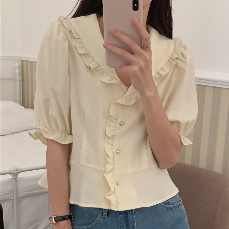 SUXI Áo Sơ Mi Tay Ngắn Cổ Chữ V Màu Sắc Đơn Giản Phong Cách Hàn Quốc Cho Nữ