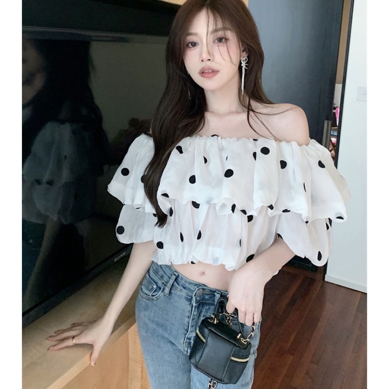 Áo Sơ Mi Tay Ngắn Hở Vai Dáng Rộng Họa Tiết Chấm Bi Thời Trang Mùa Hè Quyến Rũ Cho Nữ