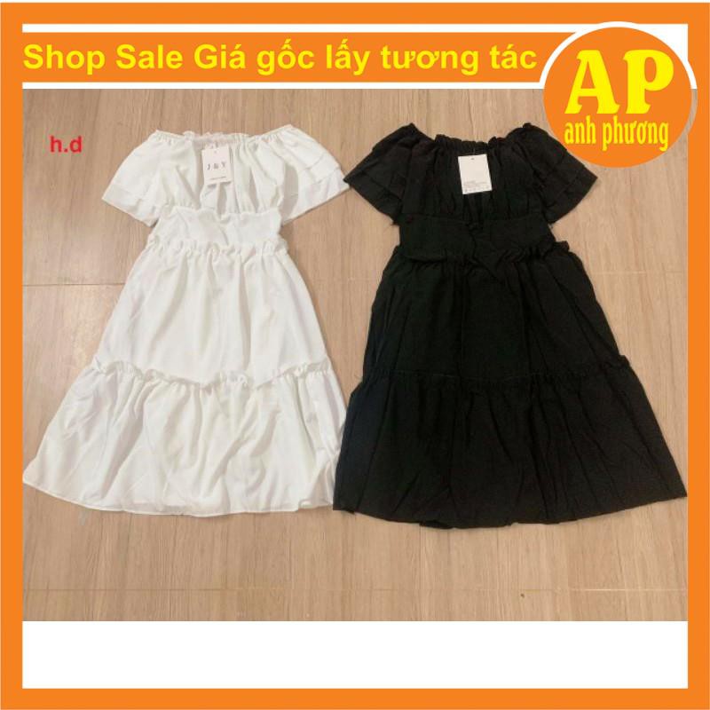 Đầm dự tiệc trễ vai tay bồng 3 tầng bèo, Váy Tiểu Thư Trắng Trễ Vai Hoặc Cổ Vuông Vintage hai màu Đen, Trắng