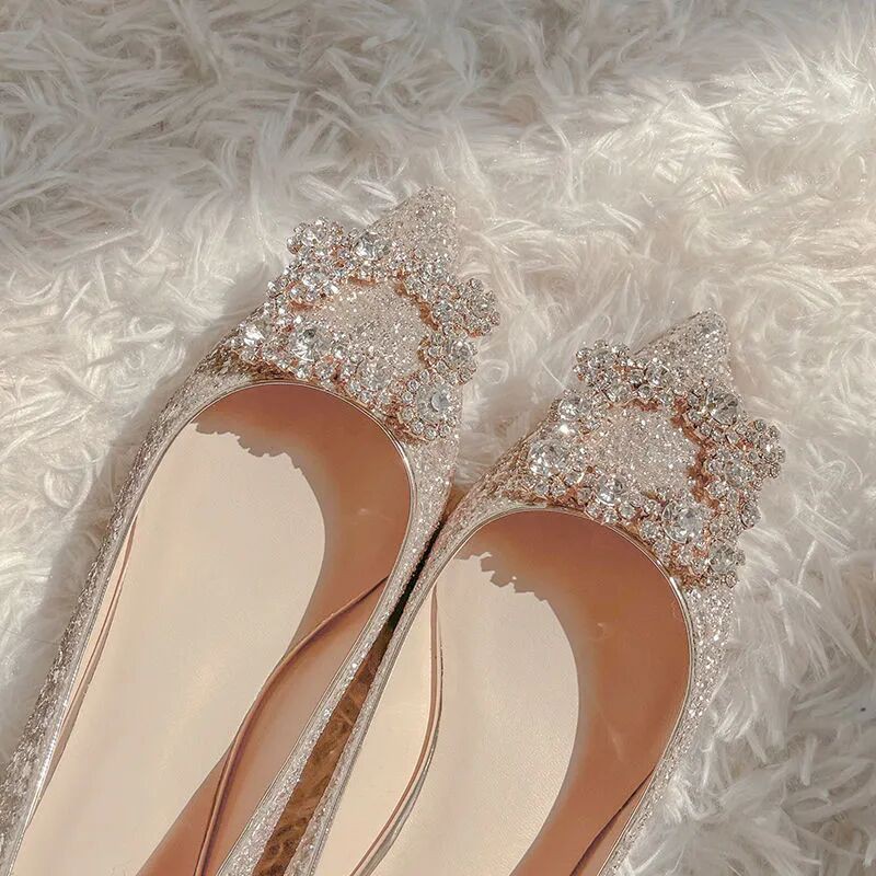 Rhinestone Flats Giày Búp Bê Mũi Nhọn Đính Đá Kim Sa Màu Trắng Miệng Nông Cho Nữ