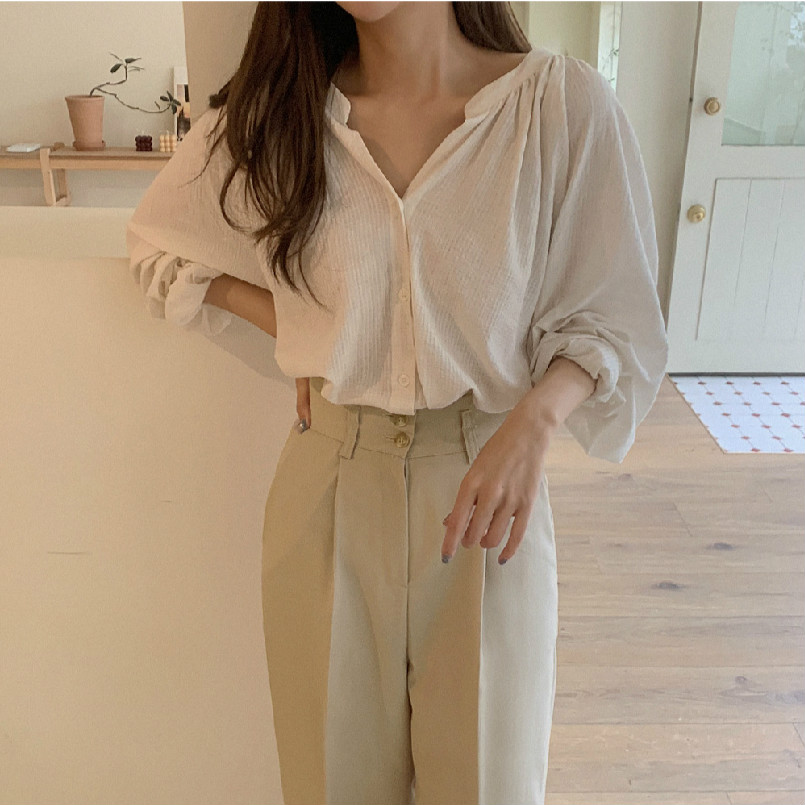 SUXI Áo Sơ Mi Tay Dài Cổ Chữ V Form Rộng Kiểu Dáng Đơn Giản Cho Nữ